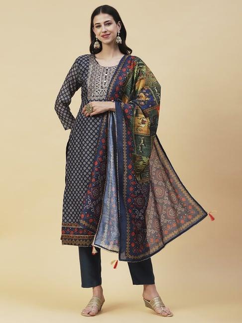 fashor blue printed kurta pant set with dupatta