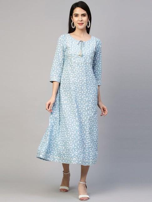 fashor blue pure cotton printed maxi dress