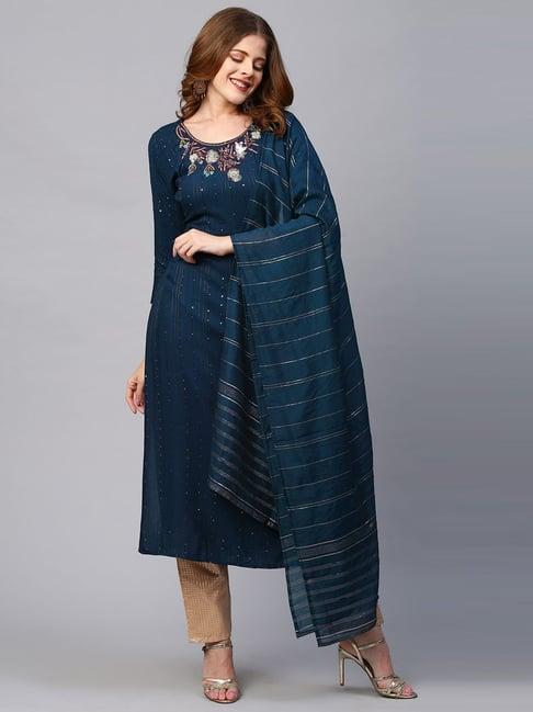 fashor blue rayon embroidered kurta bottom set with dupatta