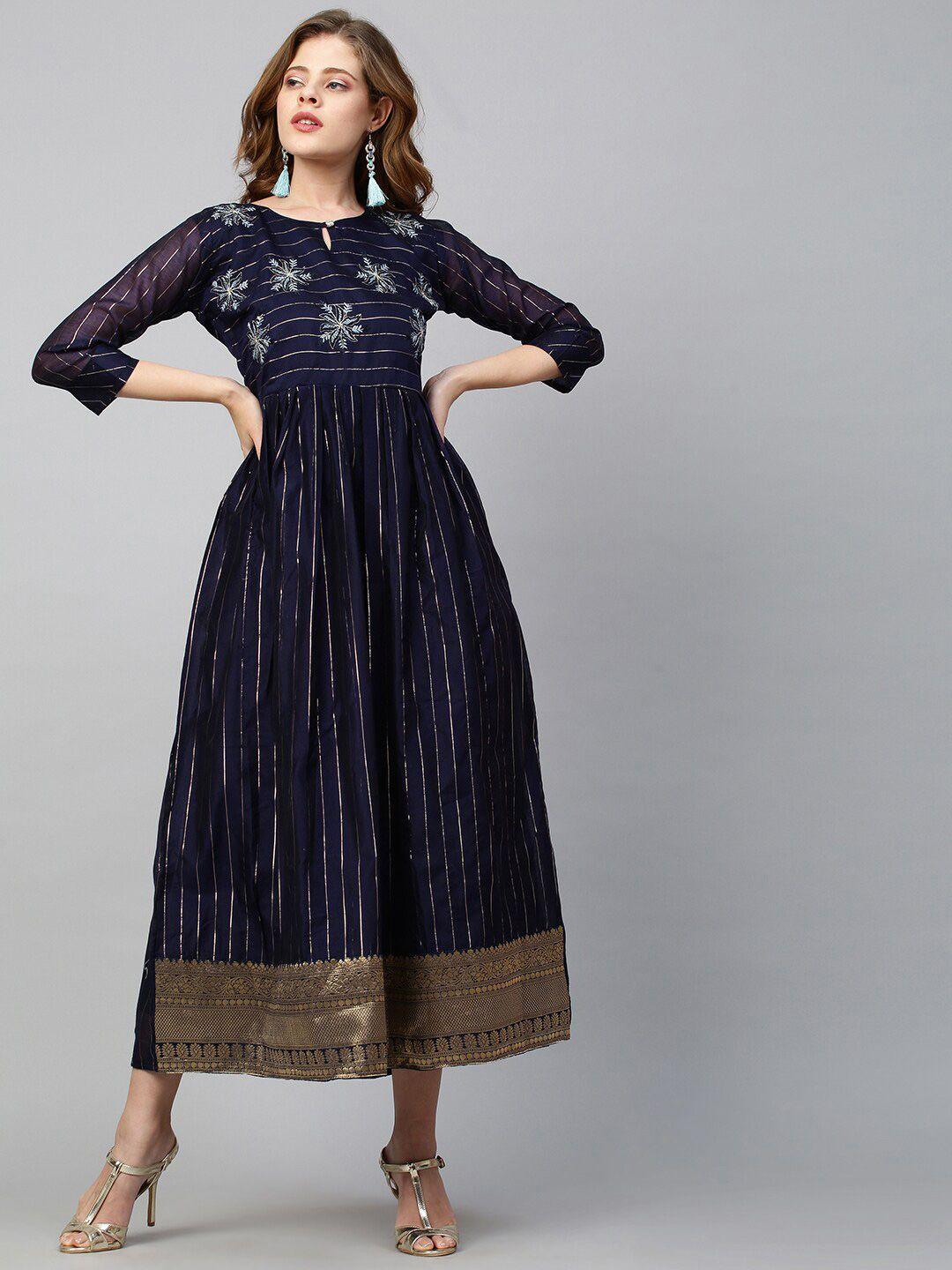 fashor blue striped floral thread work fit & flare silk maxi dress