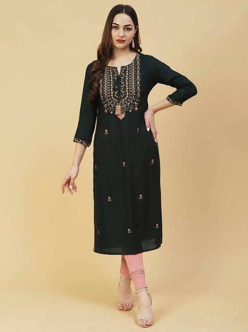 fashor bottle green embroidered straight kurta