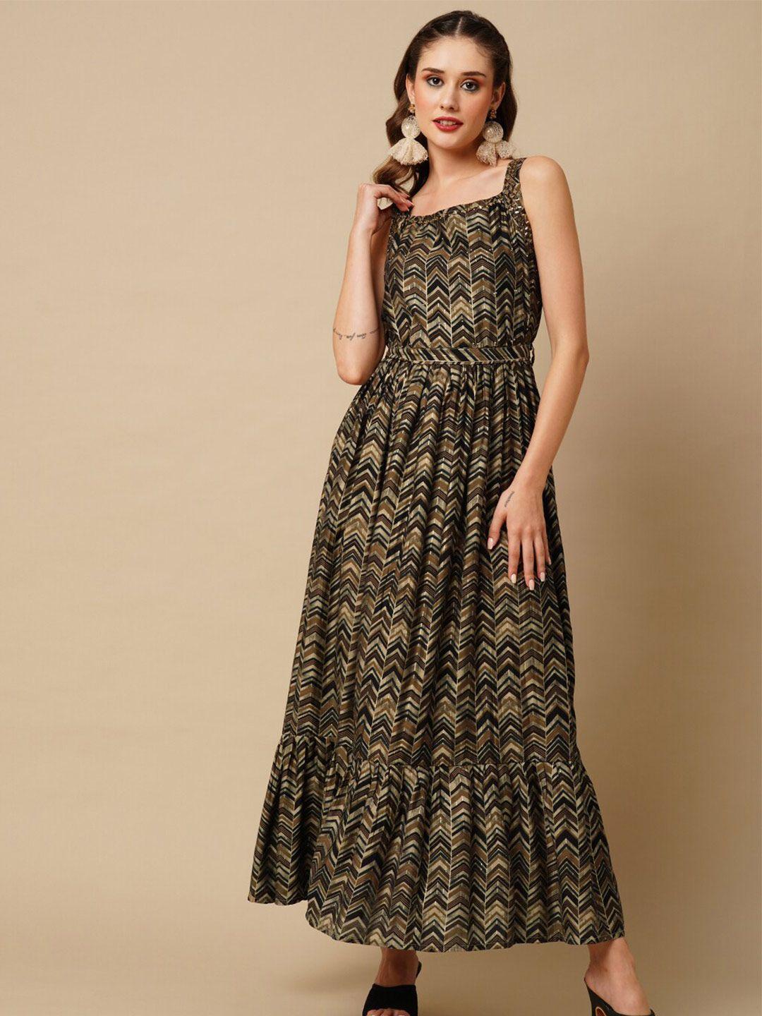 fashor brown & beige geometric printed square neck maxi ethnic dresses with tie-ups detail