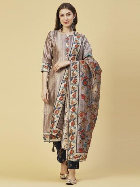 fashor brown & blue woven pattern kurta pant set with dupatta