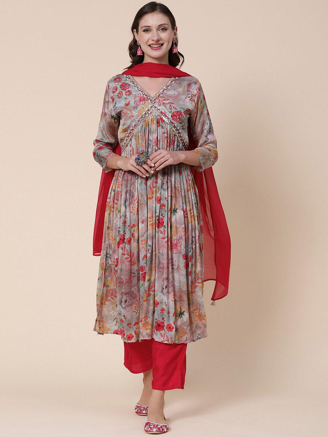 fashor brown & red floral printed mirror work kurta with trousers & with dupatta