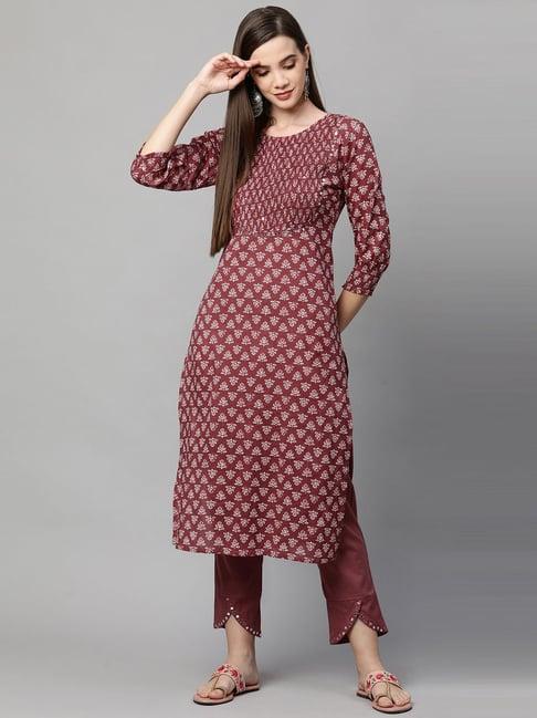 fashor brown cotton embellished kurta pant set