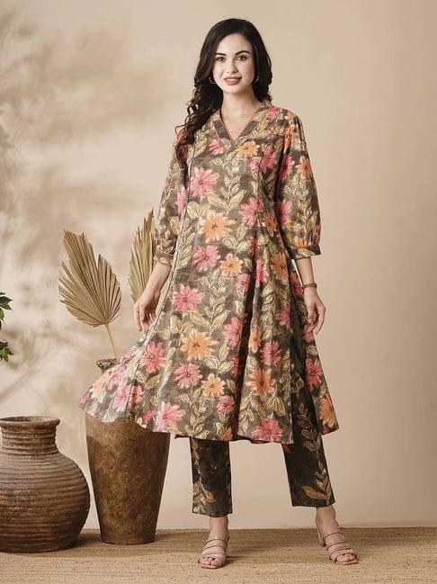 fashor brown cotton floral print kurta pant set
