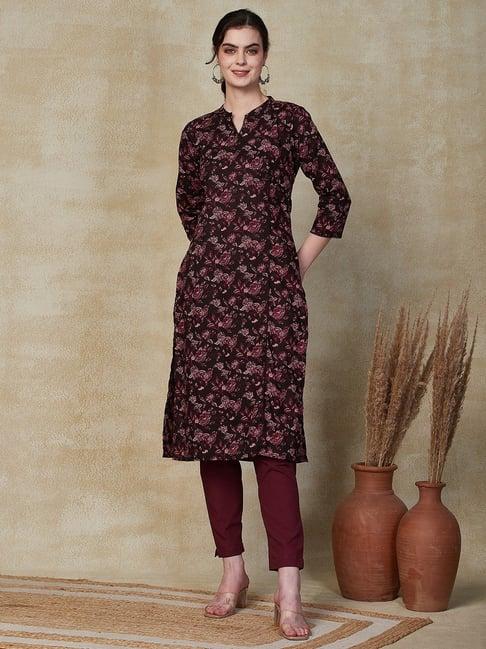 fashor brown cotton floral print straight kurta