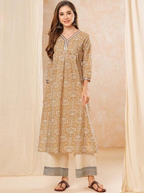 fashor brown cotton printed a line kurta