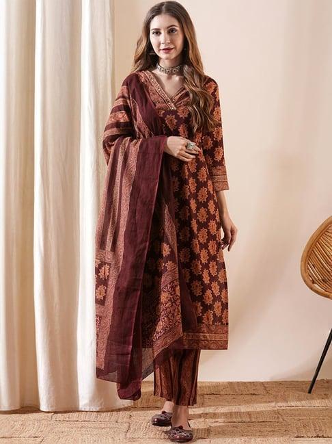 fashor brown cotton printed kurta pant set with dupatta