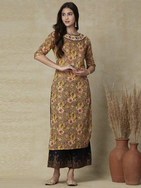 fashor brown cotton printed straight kurta