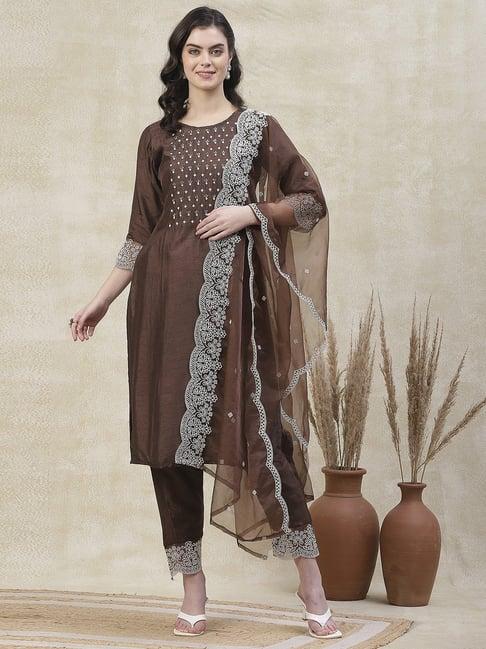 fashor brown embellished kurta pant set with dupatta