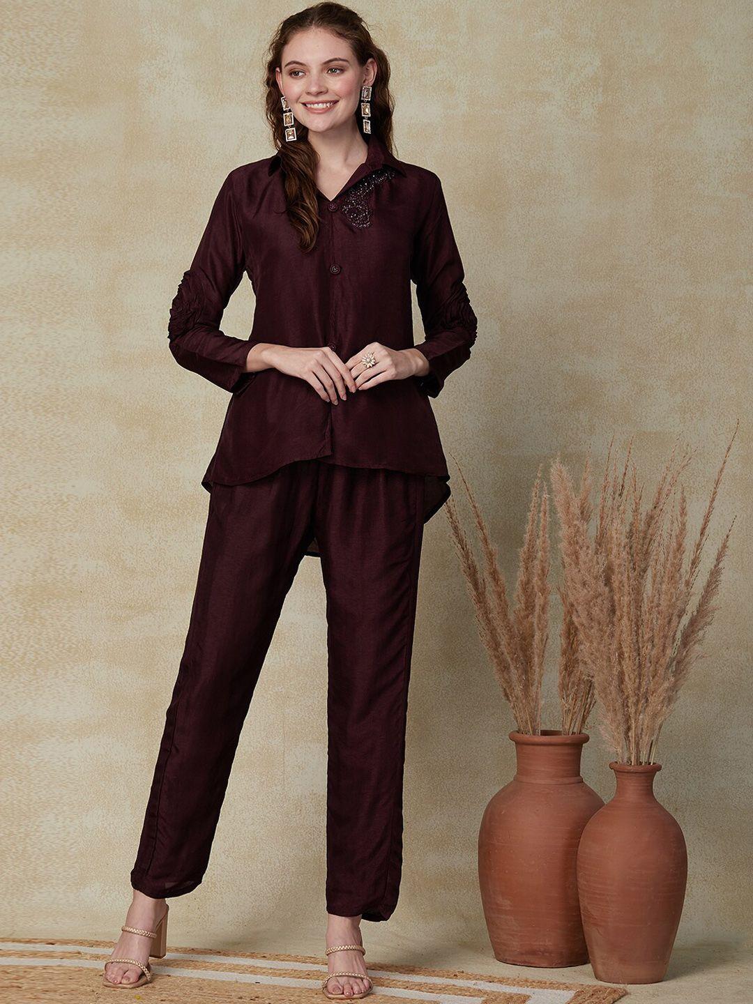 fashor brown embellished shirt collar high low shirt with trousers