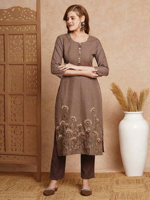 fashor brown embroidered kurta & pant set