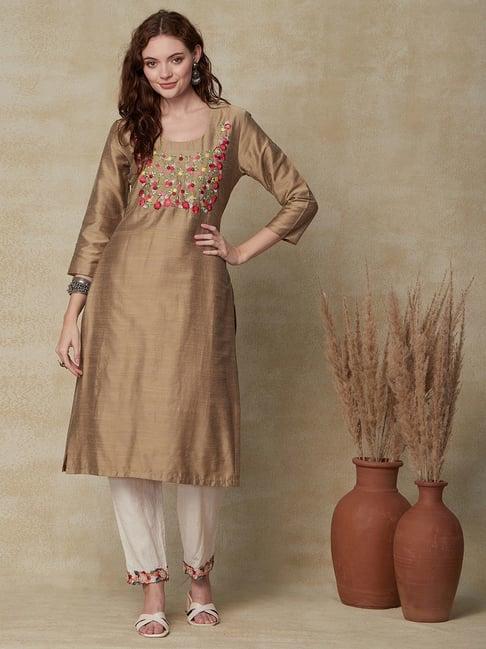 fashor brown embroidered straight kurta