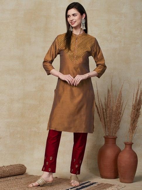 fashor brown embroidered straight kurta