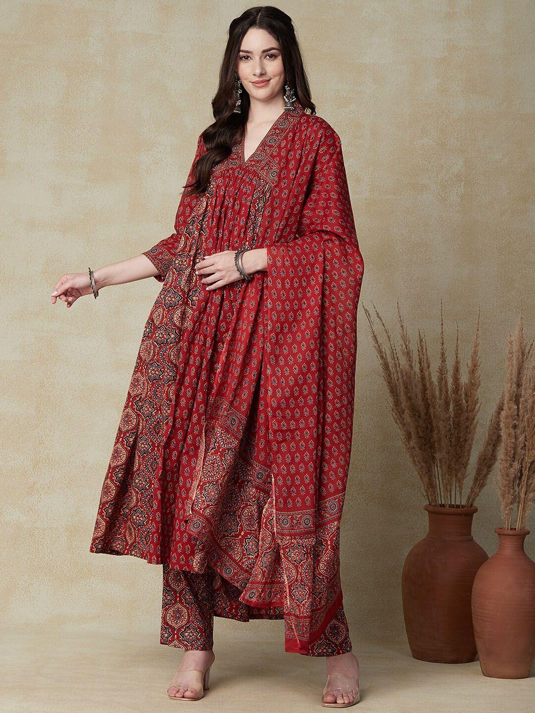 fashor brown ethnic motifs printed empire pure cotton kurta with trousers & dupatta