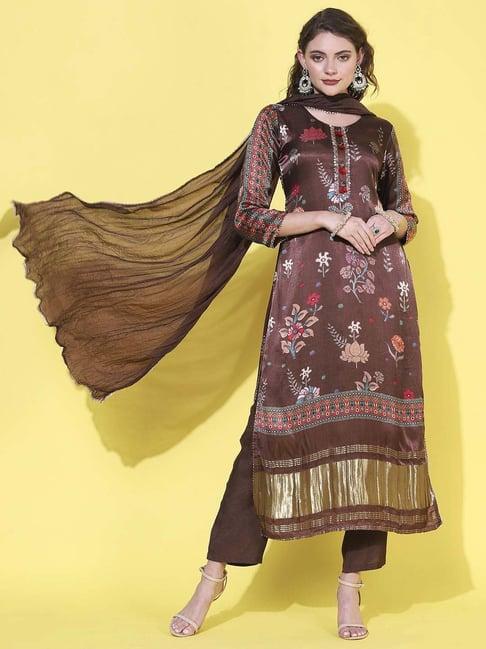 fashor brown floral print kurta pant set with dupatta