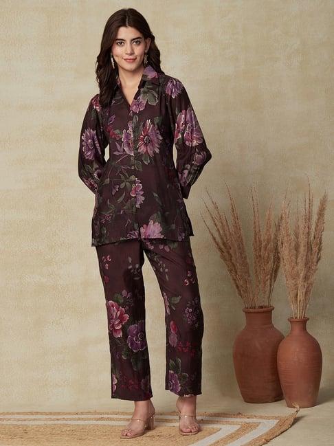 fashor brown floral print shirt pant set