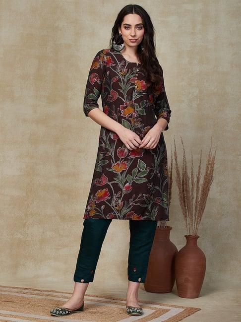 fashor brown floral print straight kurti