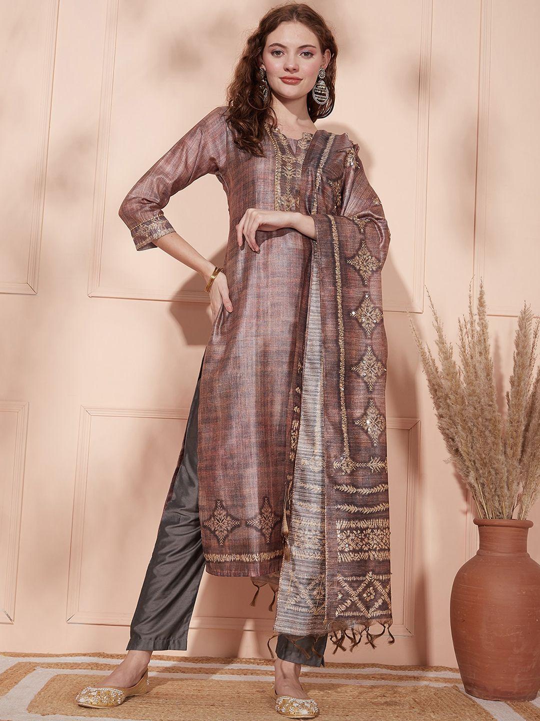 fashor brown floral printed straight sequinned kurta & trousers with dupatta