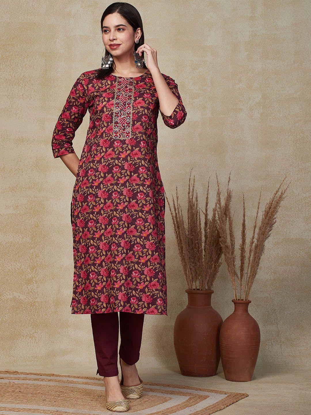 fashor brown floral printed thread work pure cotton straight kurta