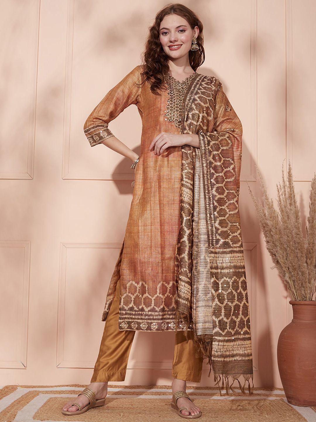 fashor brown geometric printed v-neck sequinned kurta & trousers with dupatta