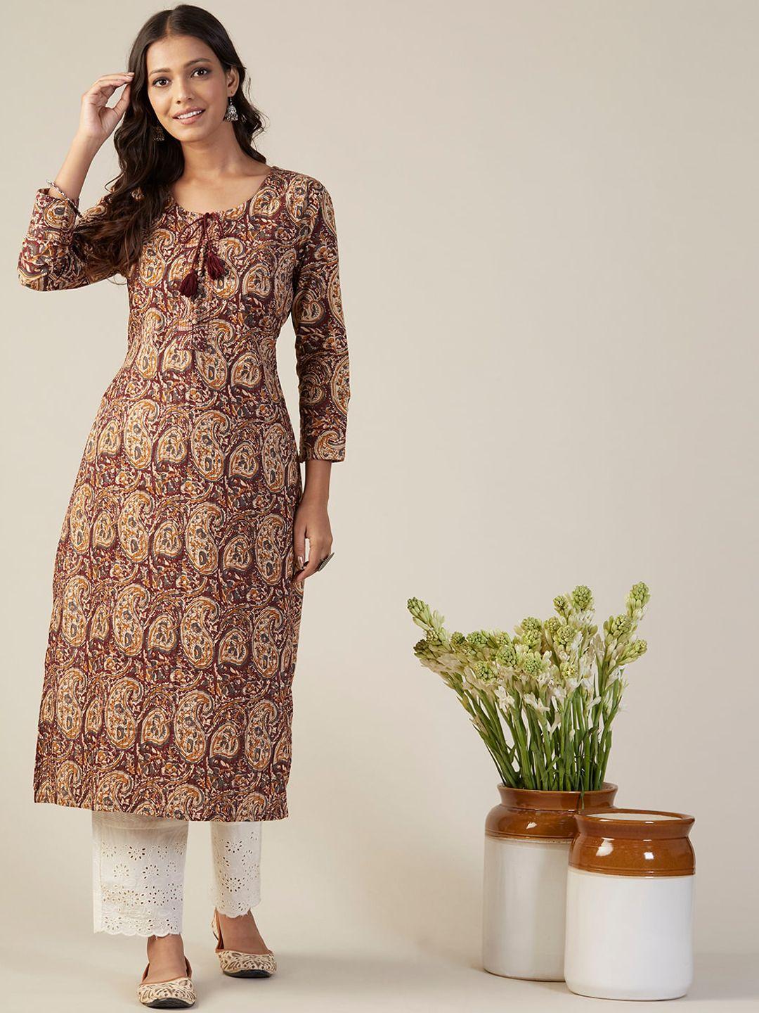 fashor brown paisley block printed tie-up neck pure cotton straight kurta