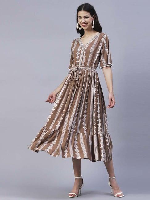 fashor brown printed a-line dress