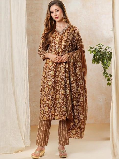 fashor brown printed kurta pant set with dupatta