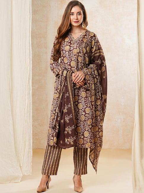 fashor brown printed kurta pant set with dupatta