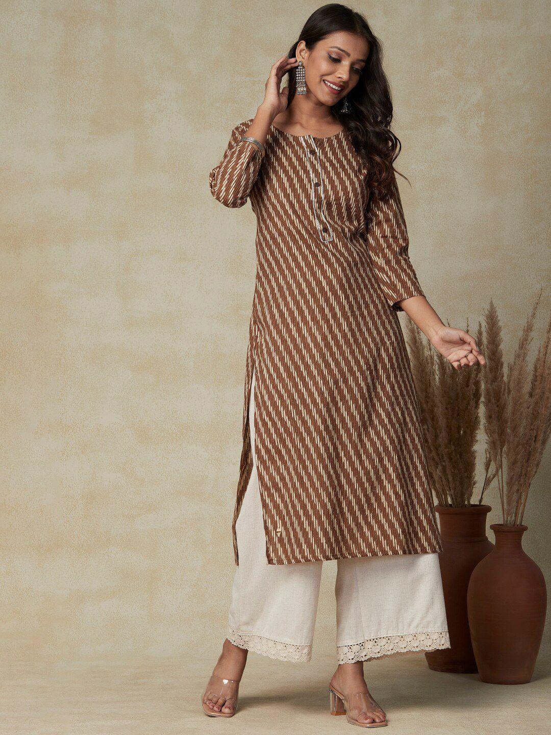 fashor brown striped round neck cotton kurta