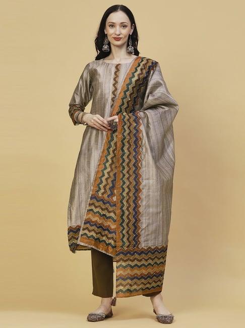 fashor brown woven pattern kurta pant set with dupatta
