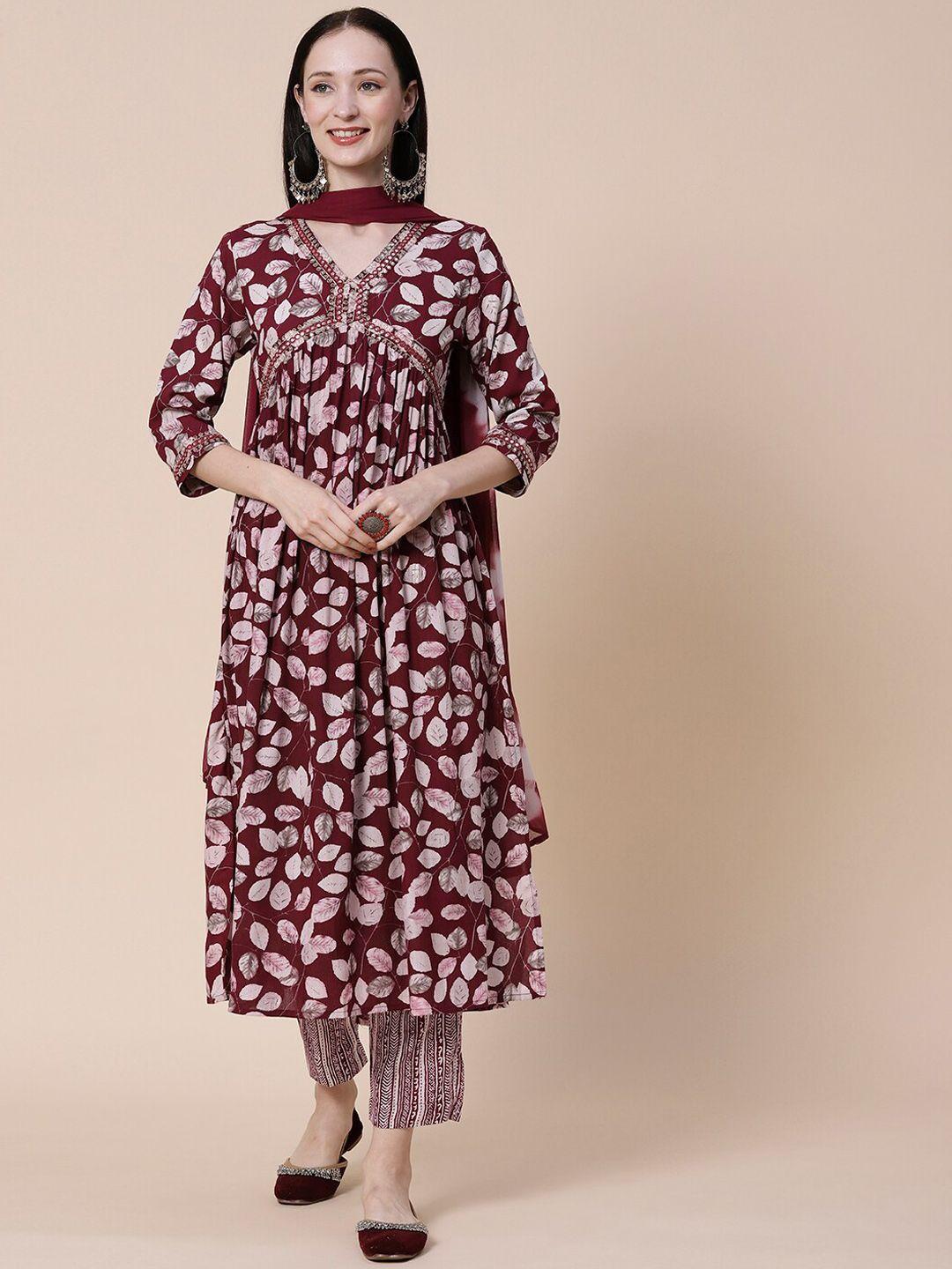 fashor burgundy & white floral printed mirror work kurta with trousers & dupatta