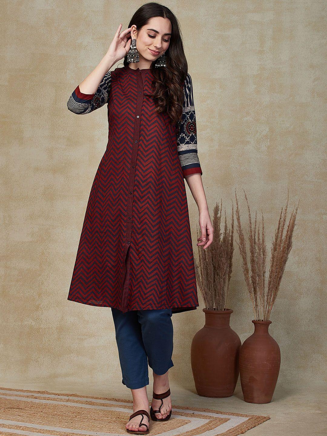 fashor chevron printed mandarin collar cotton a-line kurta