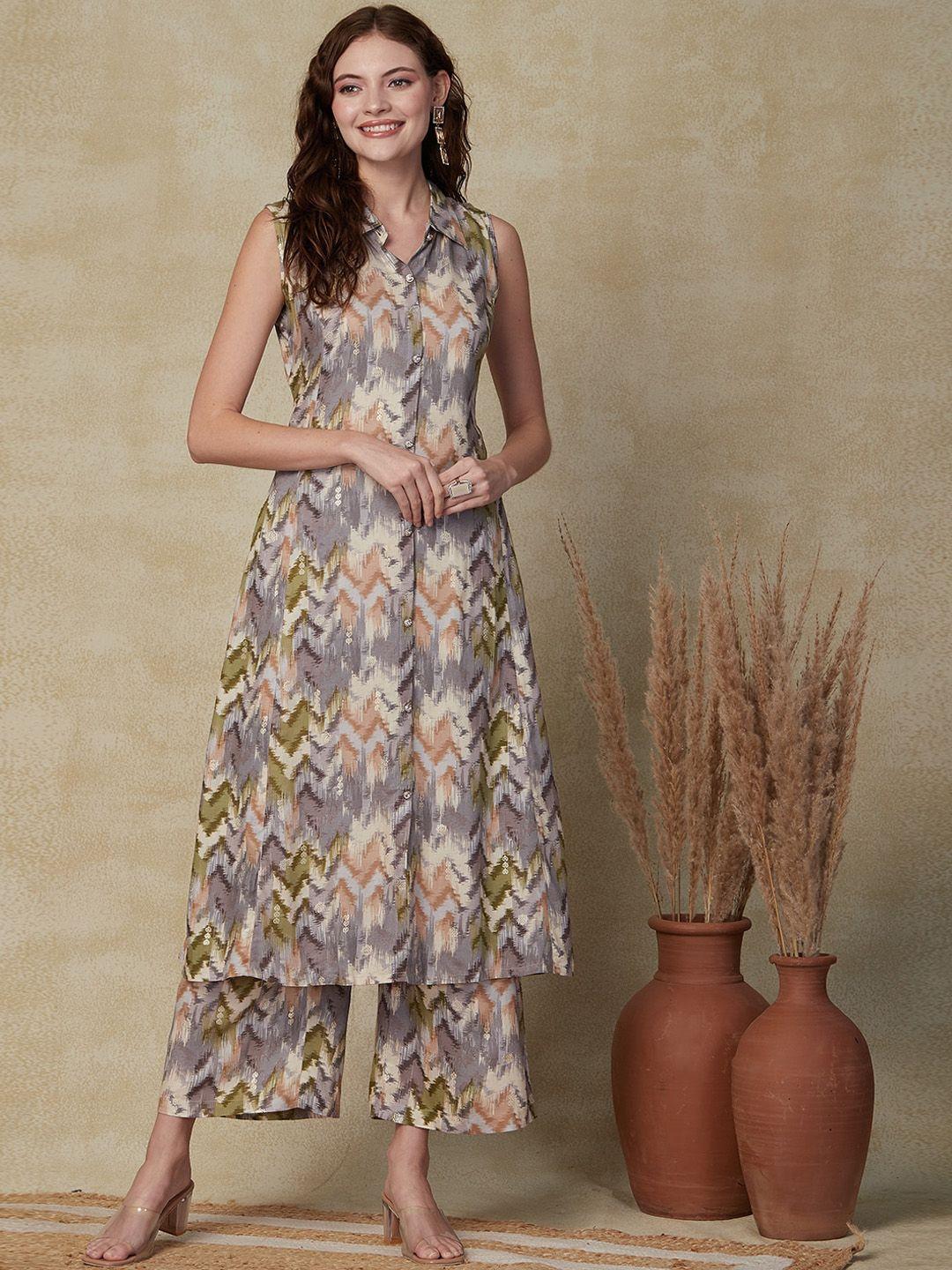 fashor chevron printed shirt collar a-line kurta & palazzos