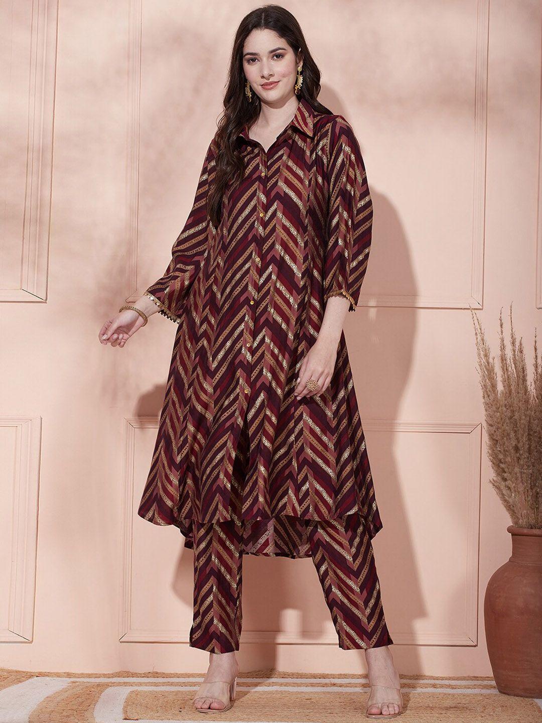 fashor chevron printed shirt collar sequinned a-line kurta with trouser