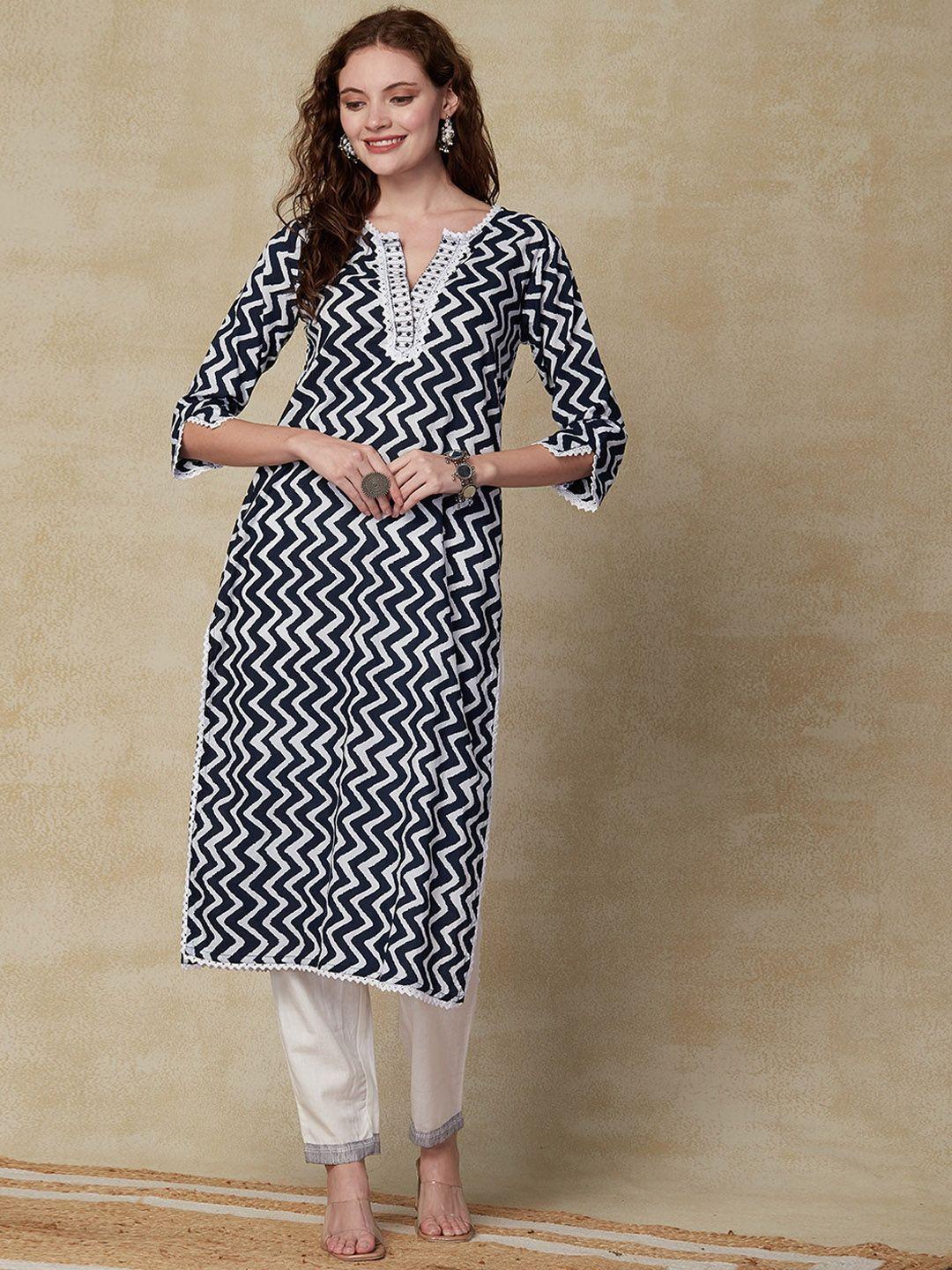 fashor chevron printed thread work straight kurta