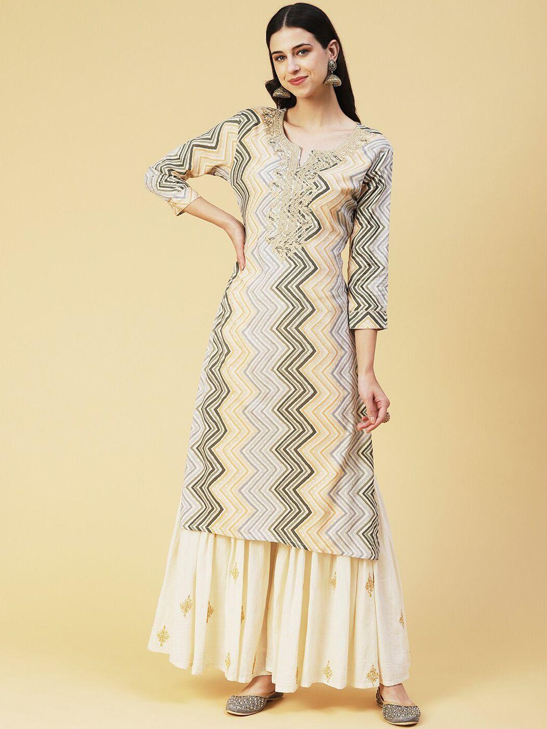 fashor chevron printed zardozi pastels kurta