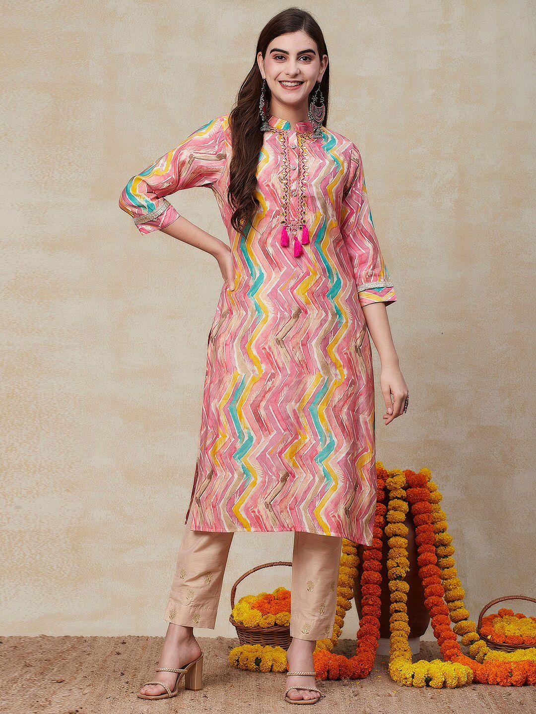 fashor chevron thread work printed & embroidered straight kurta