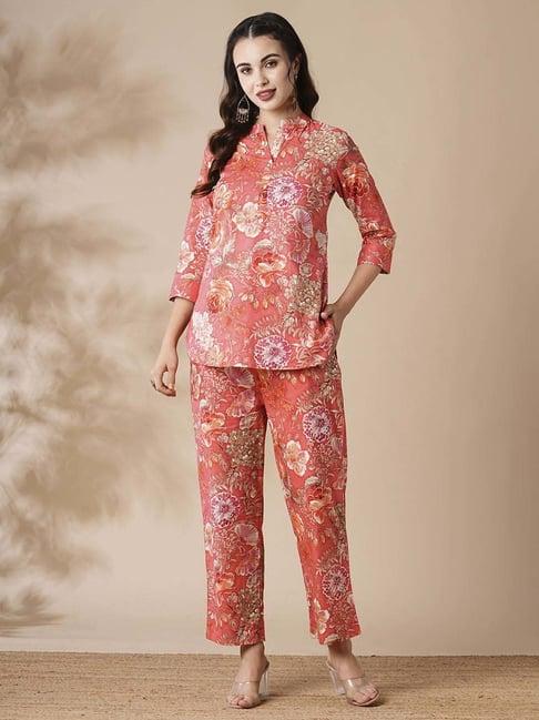 fashor coral cotton floral print kurti pant set