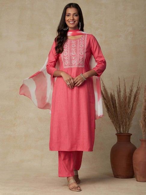 fashor coral embroidered kurta pant set with dupatta