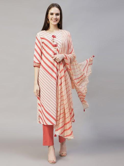 fashor cream & coral pure cotton striped kurta pant set with dupatta