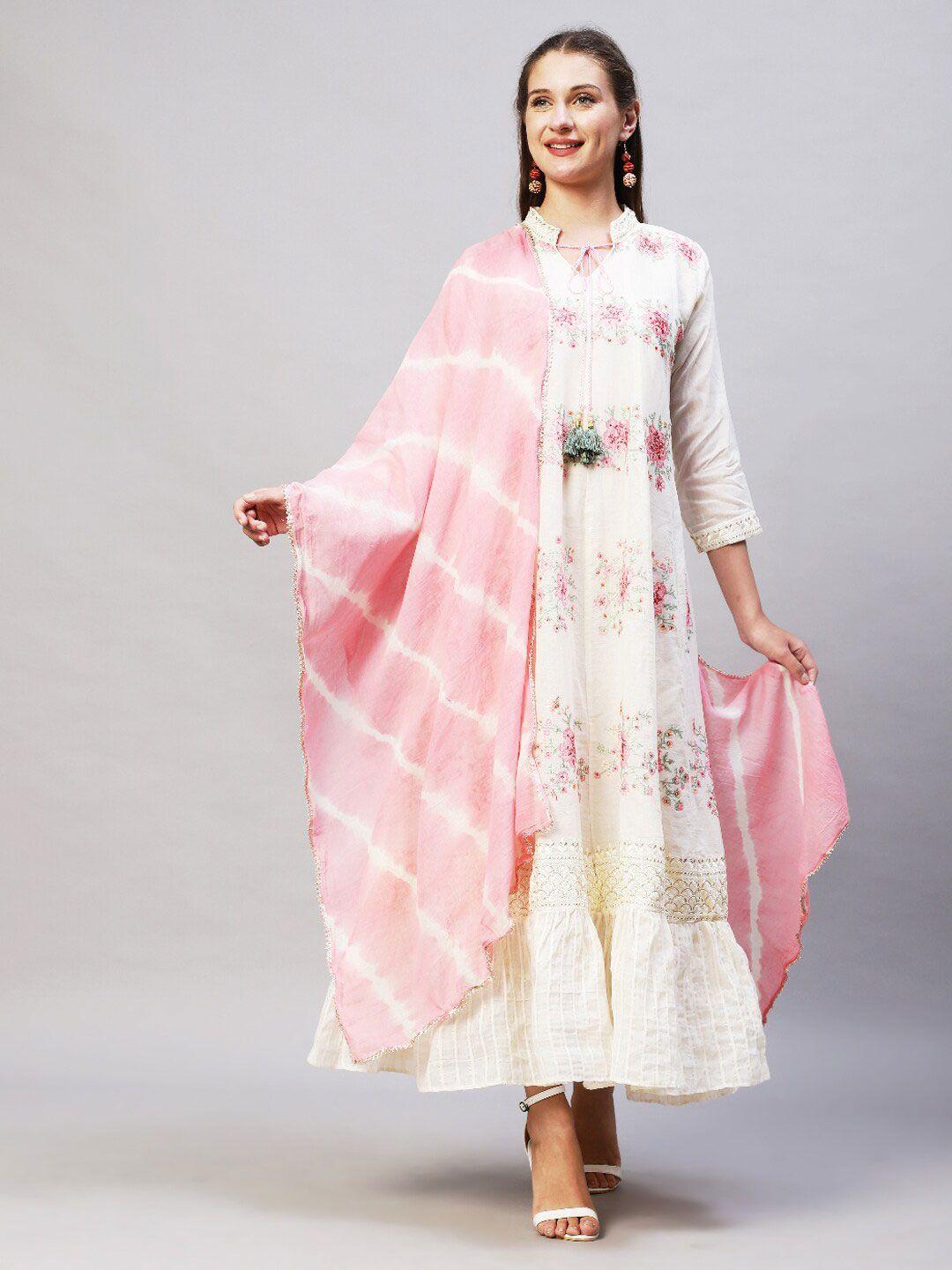 fashor cream-coloured & pink floral tie-up neck ethnic a-line maxi dress