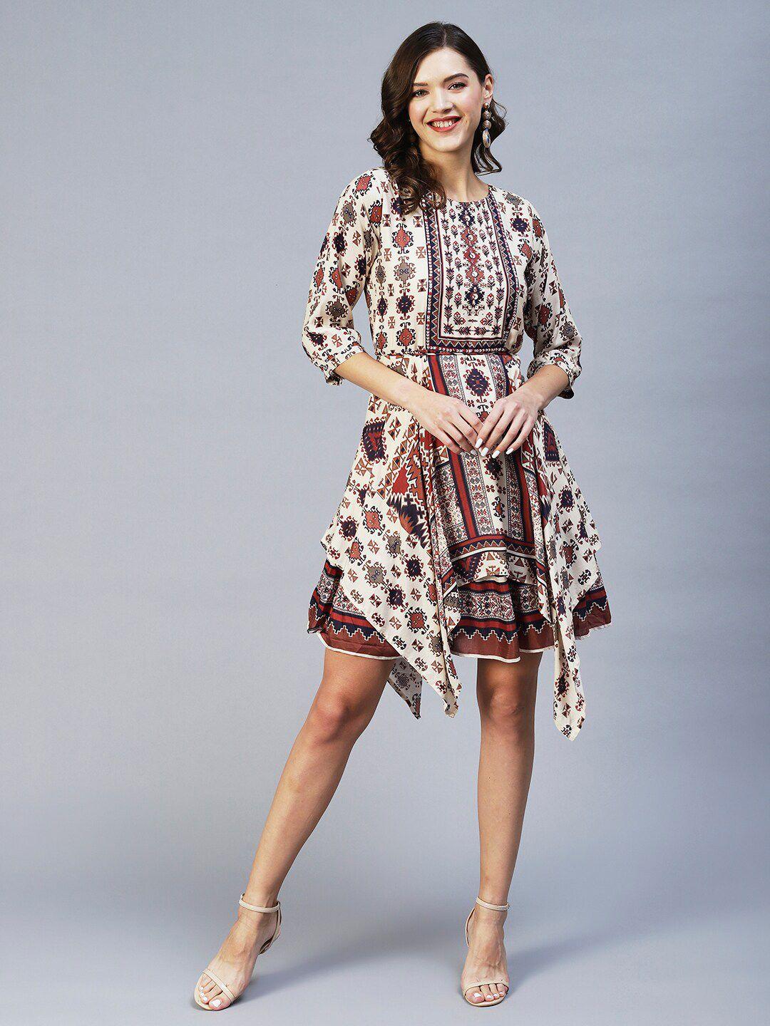 fashor cream-coloured ethnic motifs kaftan dress