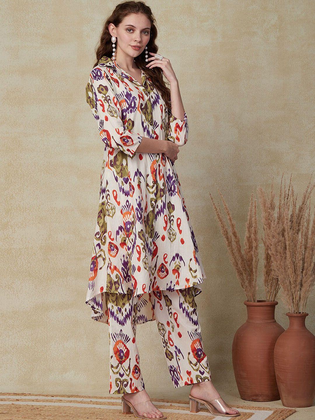 fashor cream-coloured ethnic motifs printed pure cotton a-line kurta with trousers