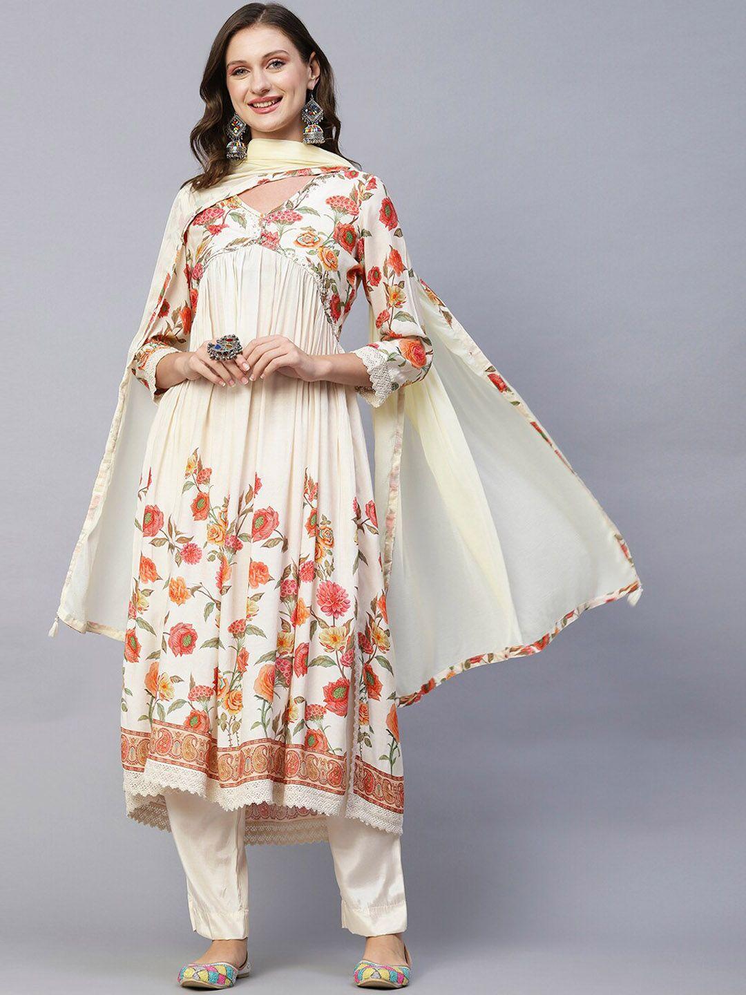fashor cream-coloured floral printed pleated kurta with trousers & dupatta
