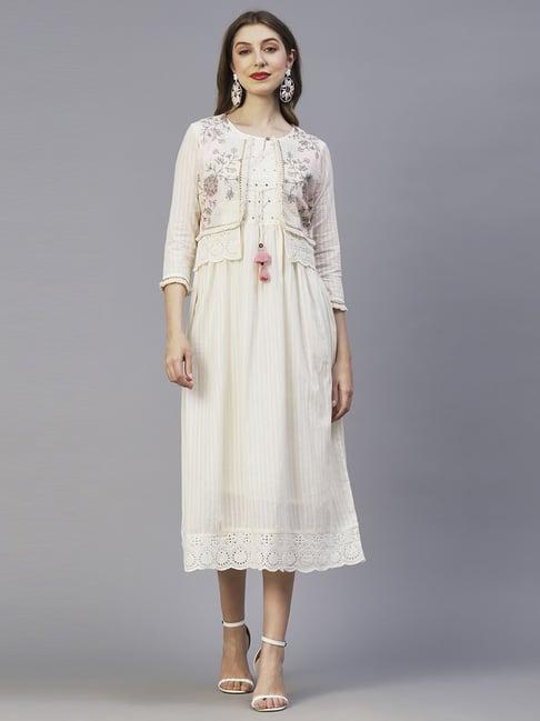 fashor cream cotton embroidered a-line dress with jacket