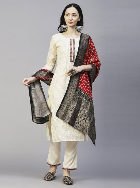 fashor cream embellished kurta pant set with dupatta