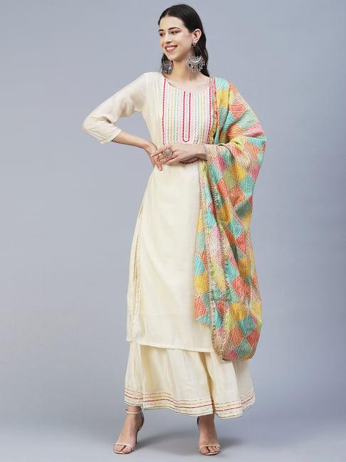 fashor cream embroidered kurta palazzo set with dupatta