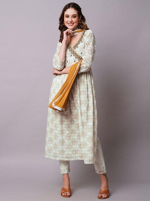 fashor cream embroidered kurta pant set with dupatta